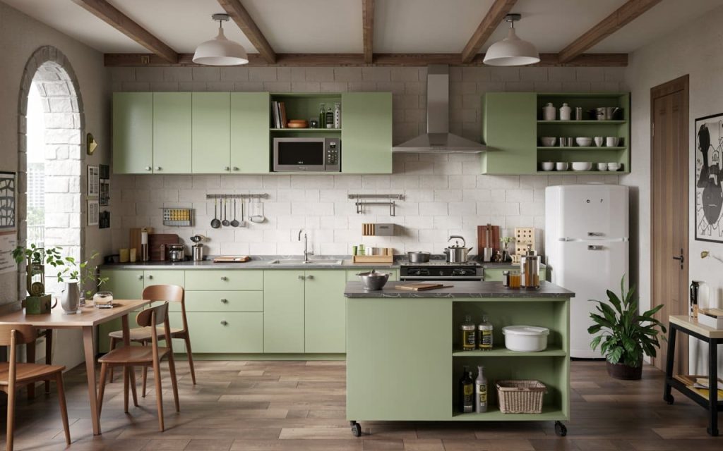 Sage green small kitchen furniture designs 2026 featuring a mobile island and open shelves.