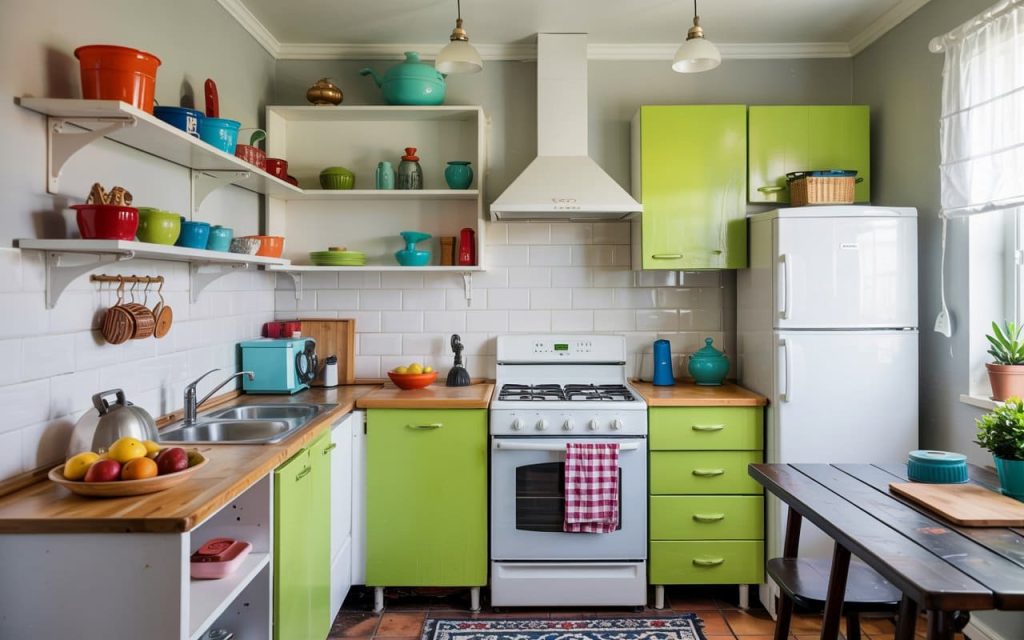Small space simple kitchen furniture design with bright green cabinets and open white shelves.