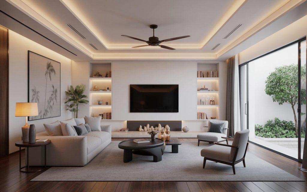 An elegant ceiling design for hall simple style with white tray layers and soft coves.