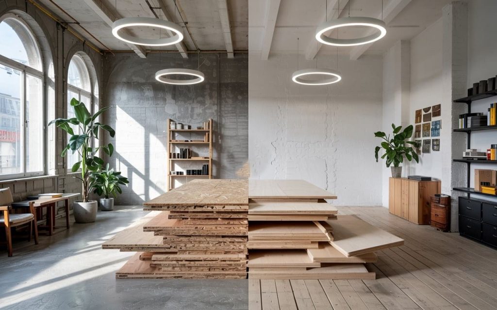 Split Engineered Wood vs Plywood boards showing material comparison in interior space