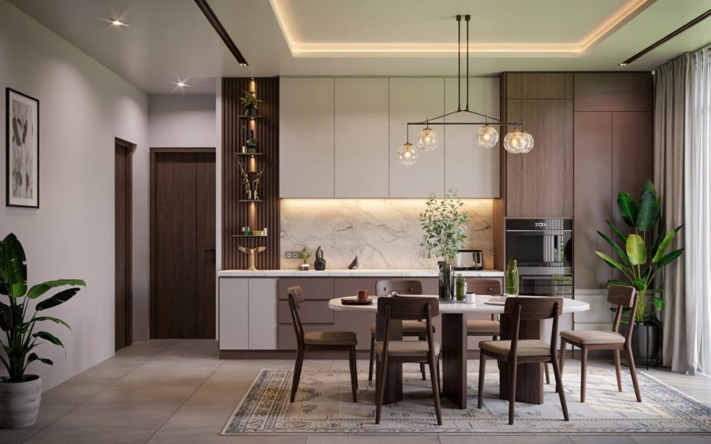 Modern Engineered Wood vs Plywood kitchen design with warm tones and storage