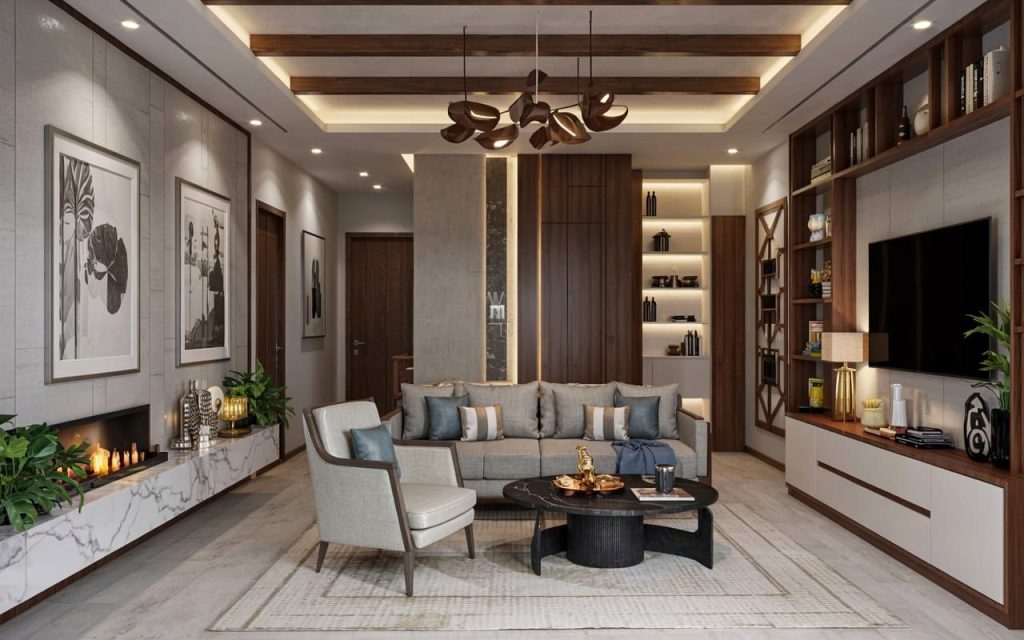 Elegant Engineered Wood vs Plywood living room with modern wall unit design