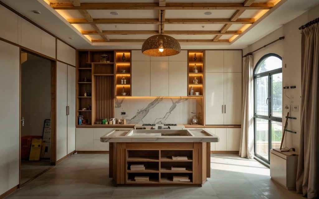 Elegant Engineered Wood vs Plywood kitchen with island and warm lighting