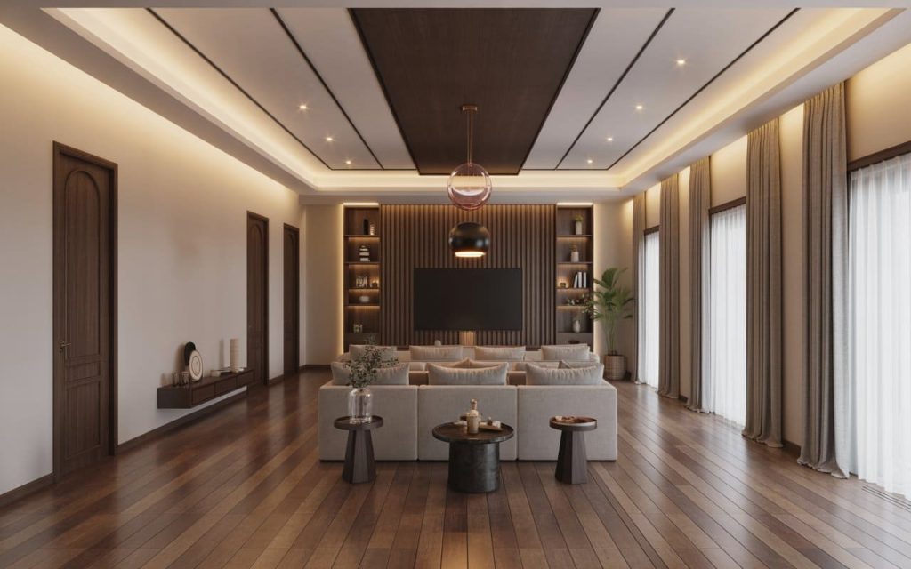 A luxurious simple ceiling design for hall with dark wood panels and recessed spotlights.
