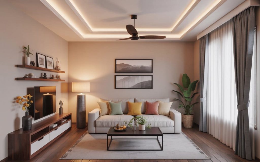 A simple fall ceiling design for hall with two fans features layered cove lighting borders.