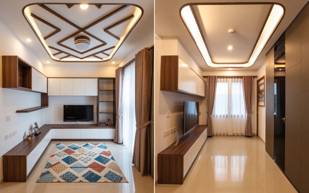 A creative simple false ceiling design for small hall with wooden slats and soft lighting.