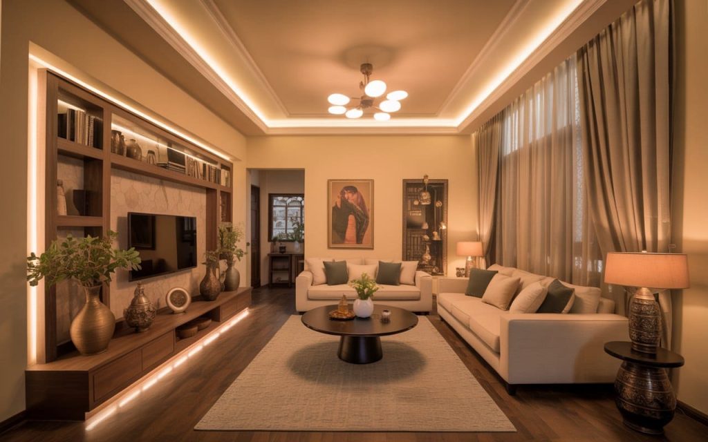 Traditional simple false ceiling designs for hall india with warm perimeter cove lighting.