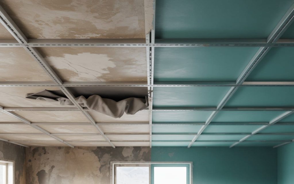 Detailed simple fall ceiling design for hall framework showing installation process