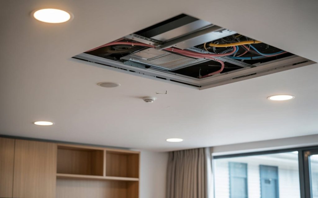 An open access panel in a simple wall ceiling design for hall showing internal wiring.