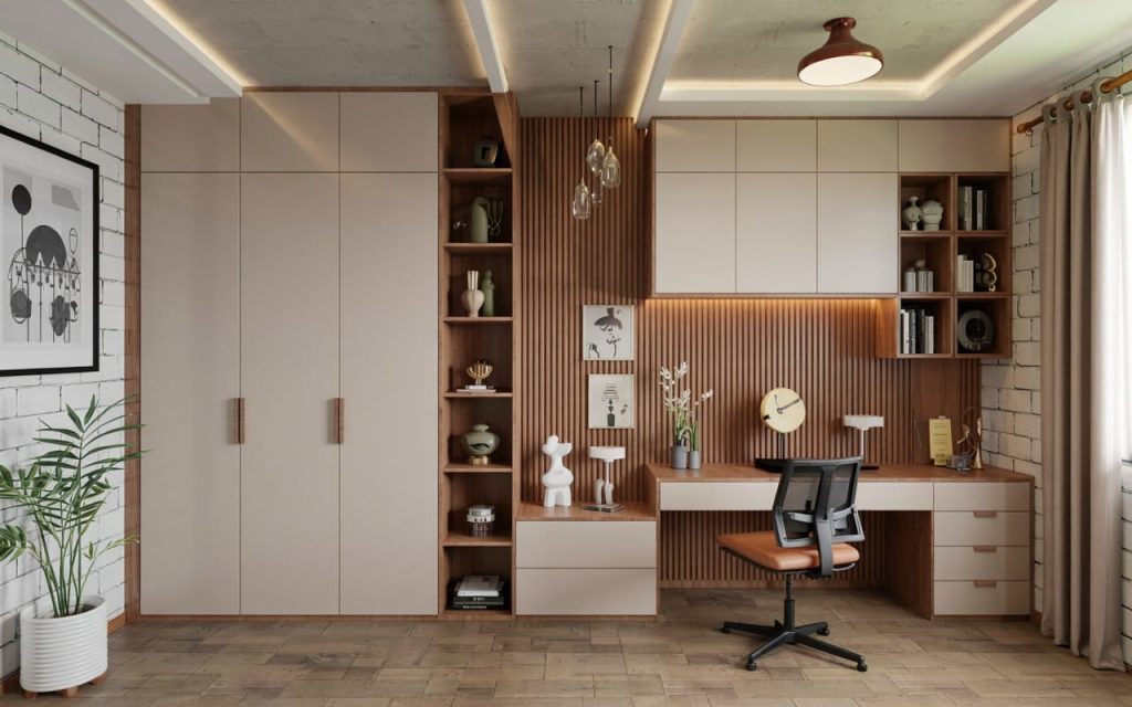Modern Engineered Wood vs Plywood study unit with wardrobe and storage