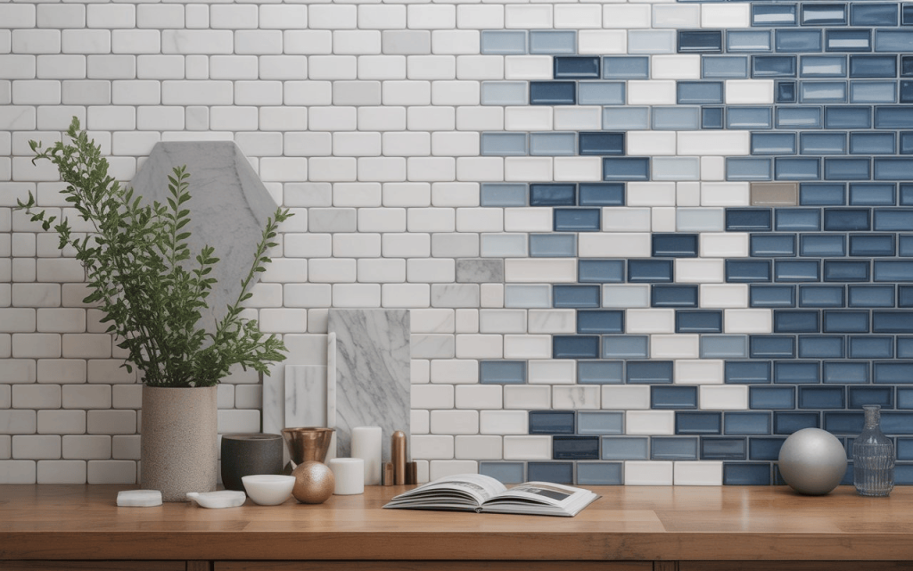 A creative wall feature showcasing a mix of white and blue metallic glass subway tile pieces.