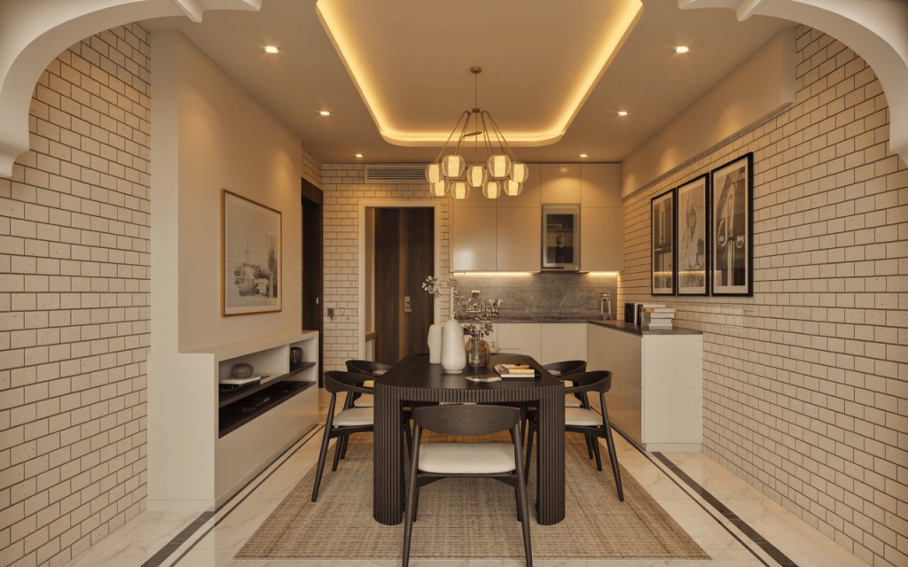 An elegant dining area with cream walls featuring a classic ceramic subway tile installation.