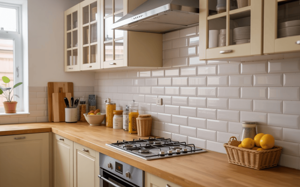 A warm kitchen with cream cabinets, wooden countertops, and glossy subway tiles kitchen wall.