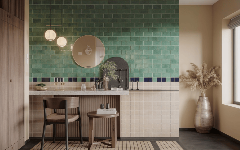 A stylish room featuring a green feature wall made of artisanal textured subway tile.