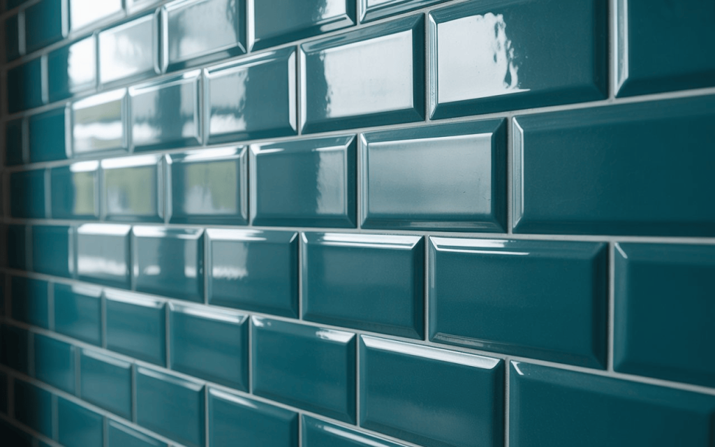 Close-up of a glossy teal green subway tile wall with bevelled edges and white grout lines.