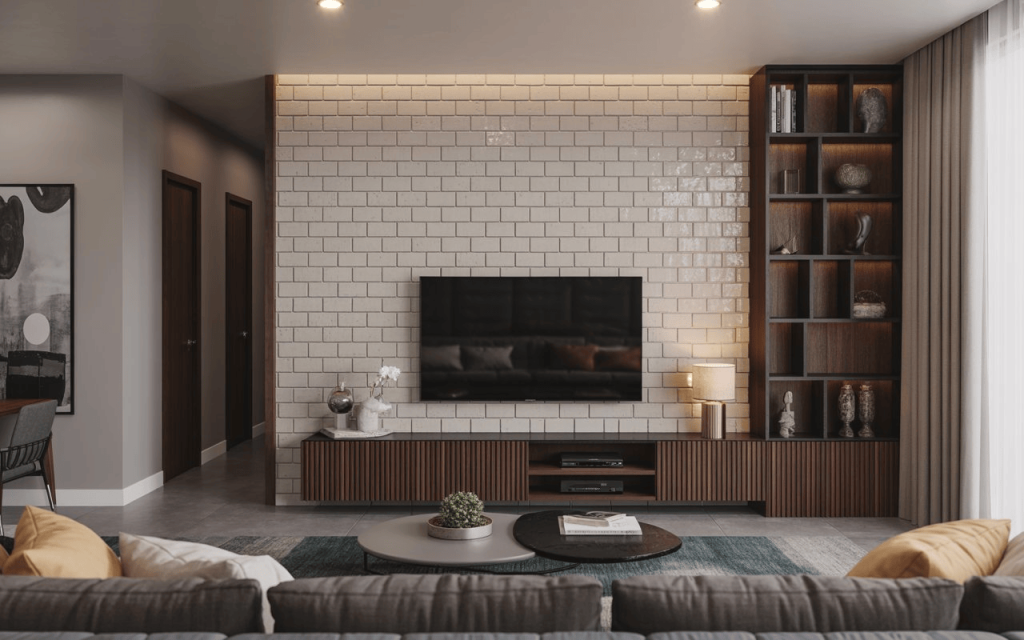 A modern living room featuring a floor-to-ceiling accent wall using large subway tile.