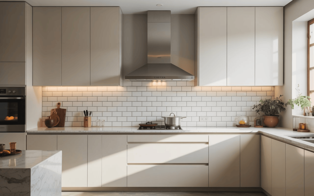 A modern kitchen with beige cabinets, a stainless steel hood, and a clean white subway tile backsplash ideas setup.
