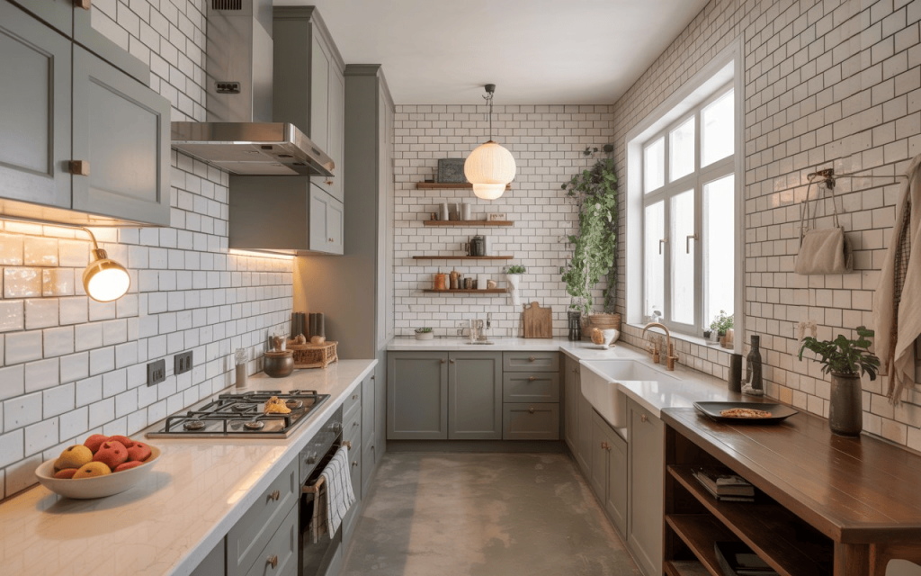 Sage green cabinets paired with white subway tile kitchen backsplash ideas and brass fixtures.