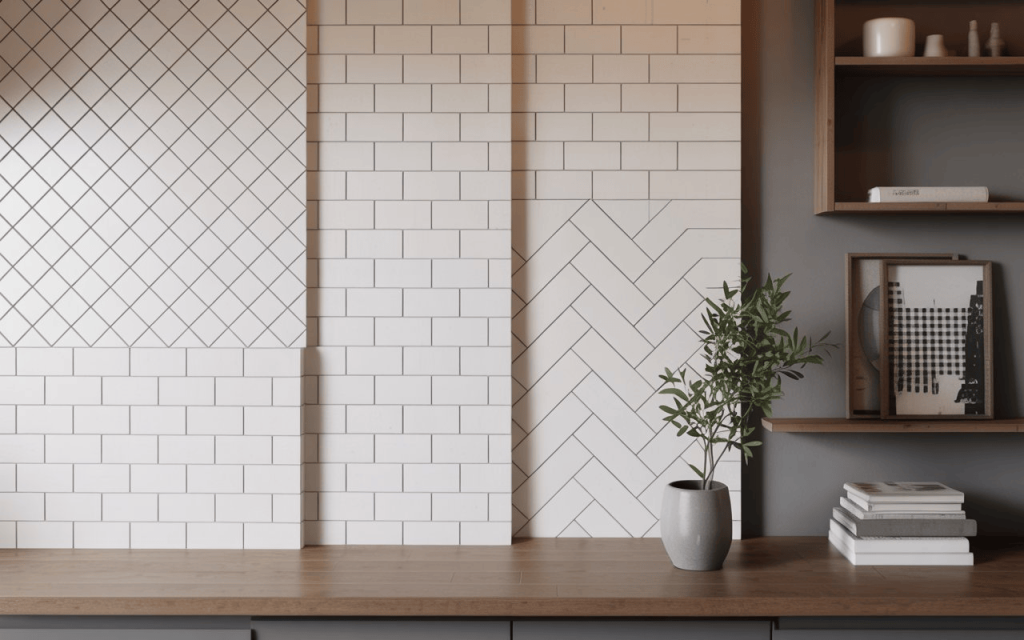 A display of various subway tile designs featuring herringbone and stacked layout patterns.