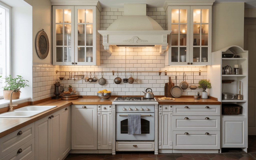 A traditional Indian kitchen featuring white subway tile kitchen backsplash ideas and wood.