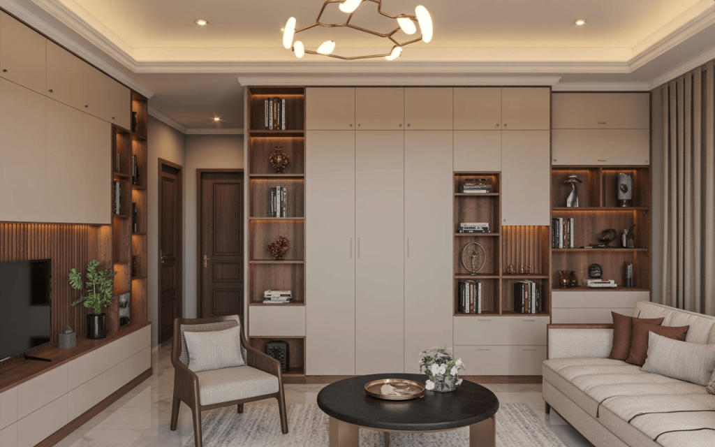 Elegant living room featuring a beige duco paint tv unit with integrated wooden shelving.