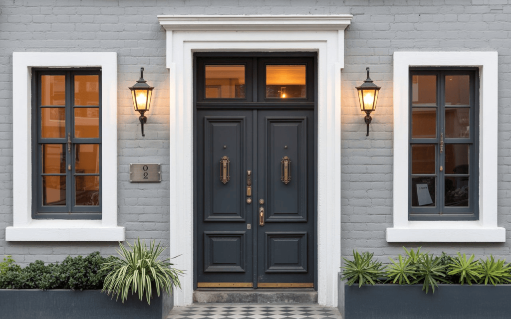 A classic charcoal grey entrance featuring elegant duco paint doors with gold hardware.