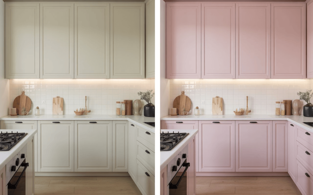 A side-by-side comparison of kitchen cabinets in cream and pink duco paint colors.