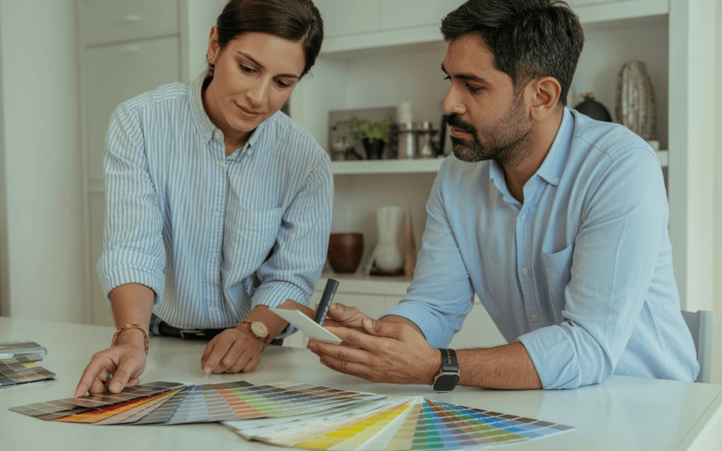 A couple reviewing a colorful shade card to estimate the total duco paint price for home.
