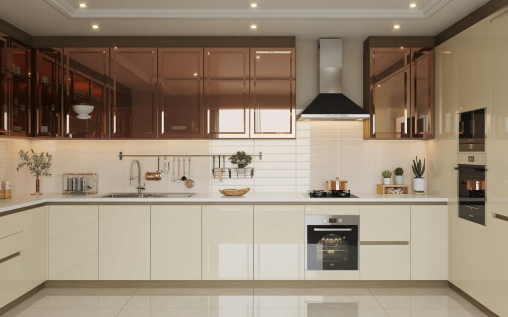 A luxurious modular kitchen showing glossy beige duco paint on wood lower cabinets.