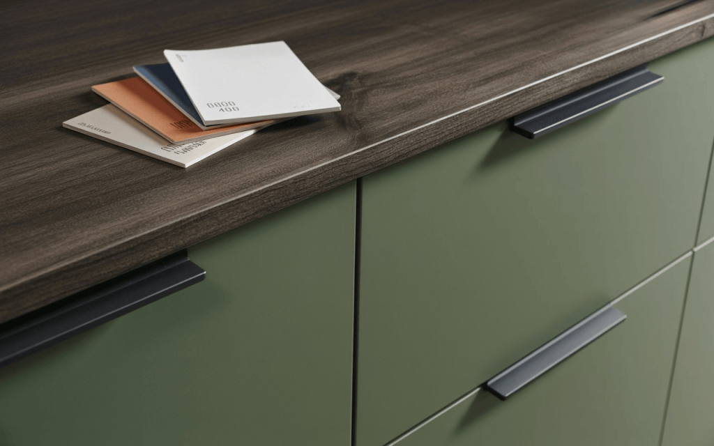 Modern kitchen cabinets featuring a smooth olive green matte duco paint finish and wood.