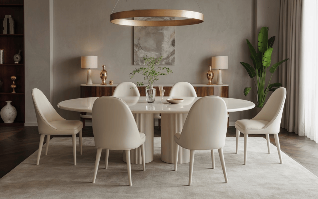 A luxury cream dining table and chairs set highlighting the premium duco paint cost.