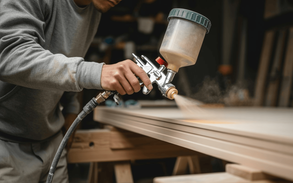 A professional painter using a spray gun to apply a smooth lacquer layer on a wood panel.
