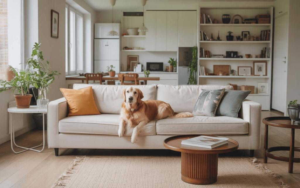 A modern living room design ideas featuring a light sofa, jute rug, and a Golden Retriever.