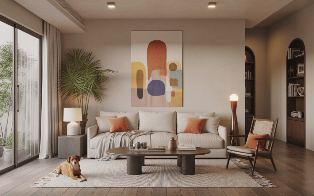 A dog lies on a rug over durable pet friendly laminate flooring in a warm living area.