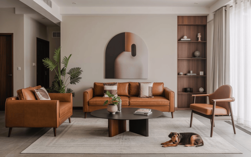  A brown dog lies on a rug near tan leather pet-proof furniture in a sleek living area.