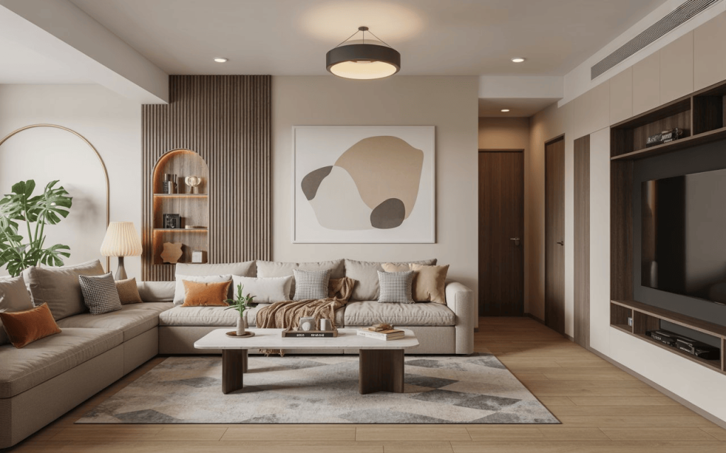 A beagle relaxes on a grey sofa in a pet friendly living room with warm mood lighting.