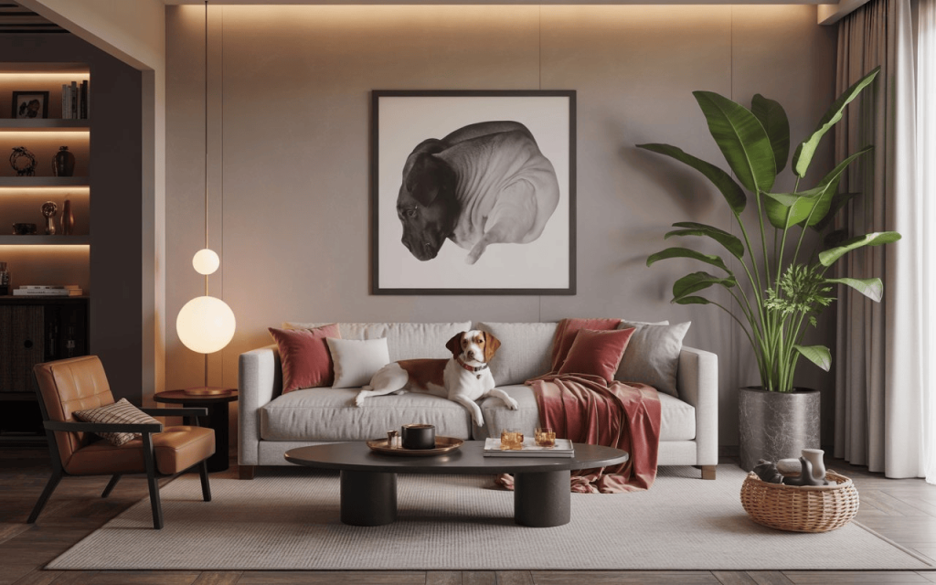 A beagle relaxes on a grey sofa in a pet friendly living room with warm mood lighting.