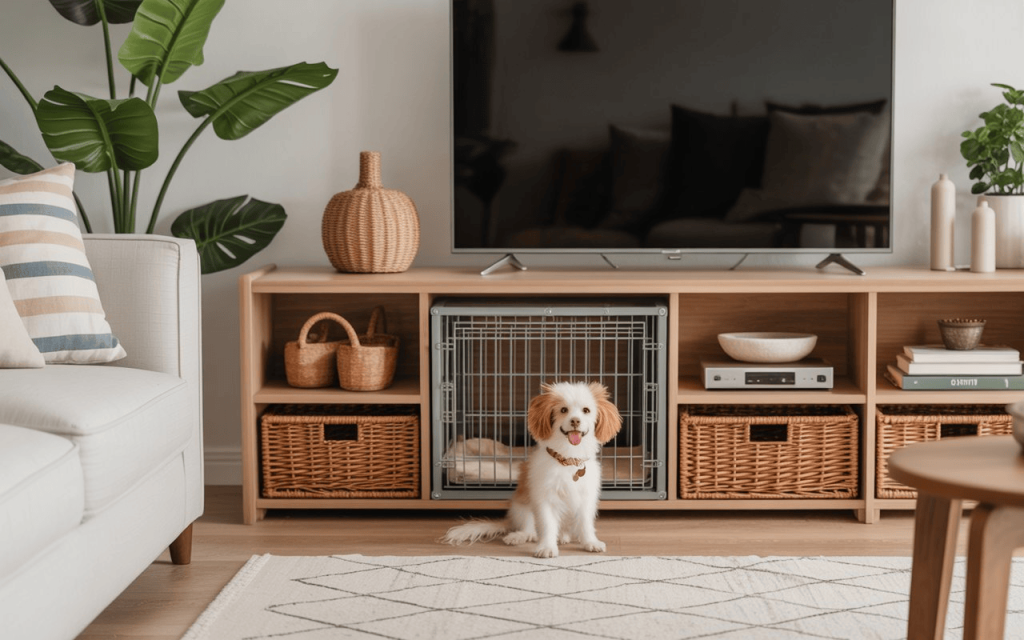 A small dog sits near a built-in crate inside a wooden TV unit, dog friendly living room ideas.
