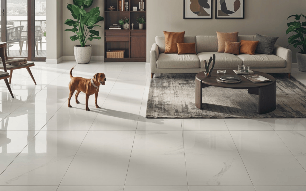 A brown dog stands on white tiled floors, illustrating durable pet friendly flooring options.