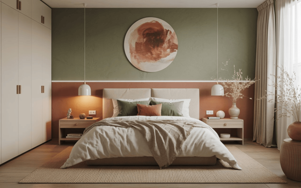 Modern wabi sabi interior design bedroom with olive and terracotta textured walls.