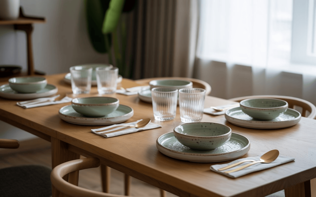 Wabi sabi interior design kitchen table set with sage green handcrafted stoneware.