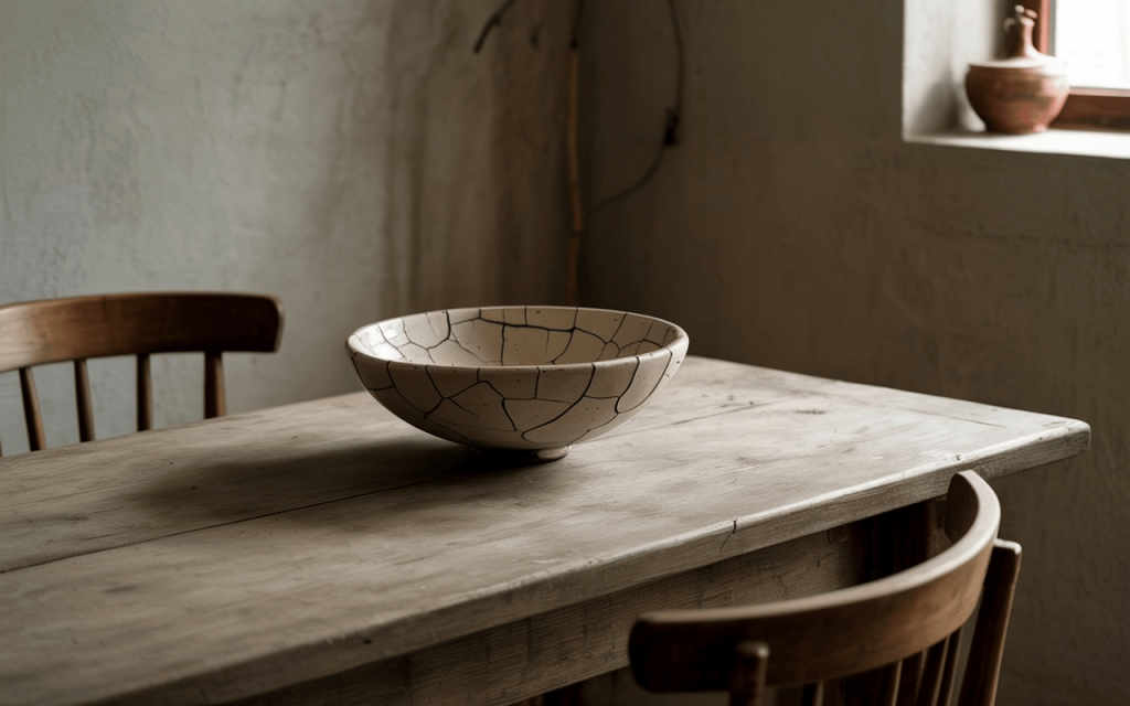 Rustic wabi sabi interior design with natural textures, wooden table and handcrafted ceramic decor