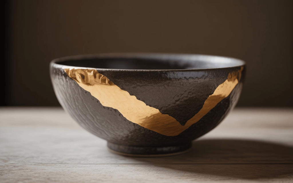 Elegant wabi-sabi interior design with handcrafted ceramic bowl featuring gold repair and rustic texture