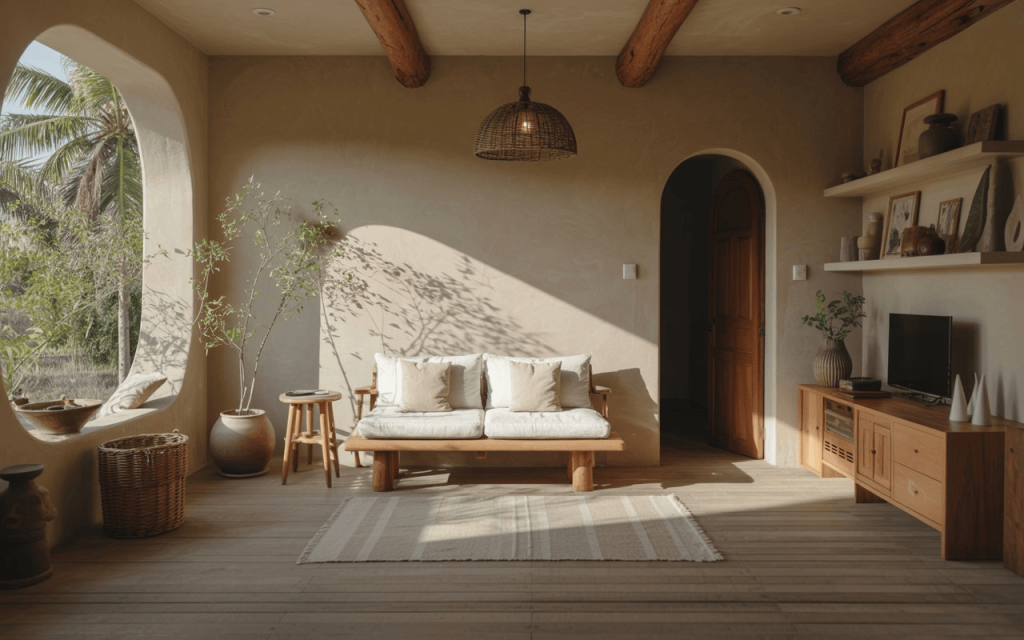 Cozy wabi sabi interior design living room with natural wood, soft light, earthy tones and minimalist decor