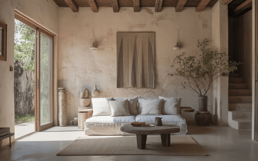 Serene minimalist wabi sabi interior design with natural textures, soft tones and rustic living room decor