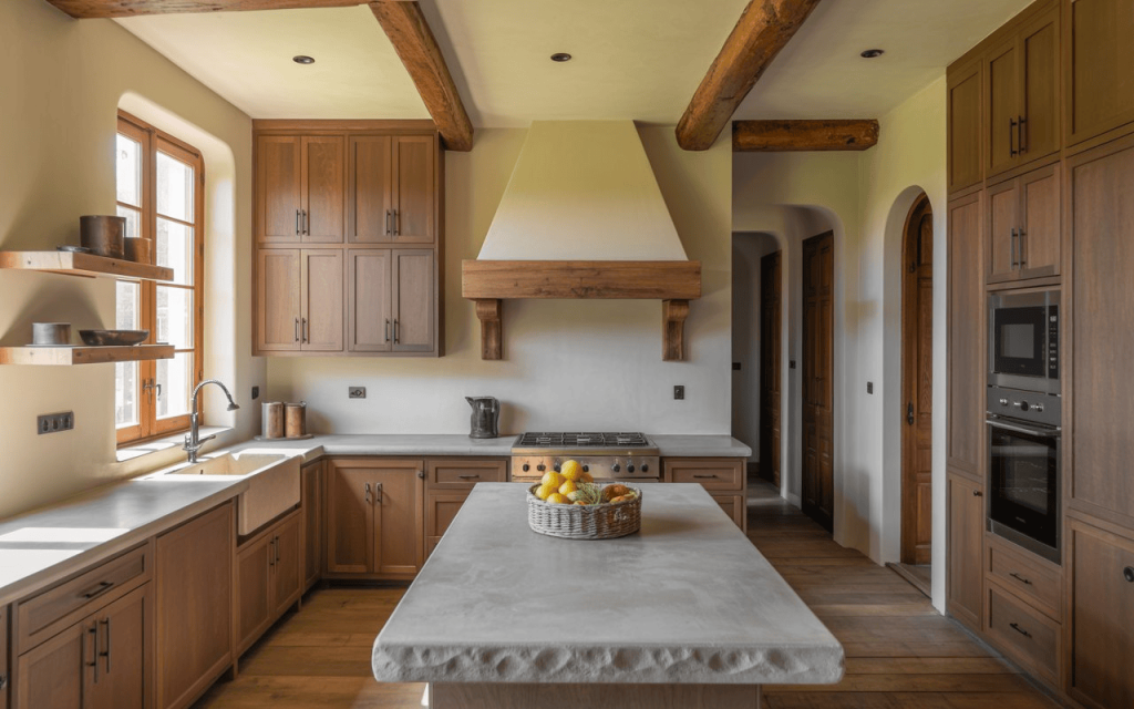 Kitchen featuring interior design wabi sabi elements like wood beams and raw stone.