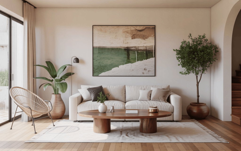 Cozy wabi sabi interior design living room with natural wood, soft tones, and minimalist decor