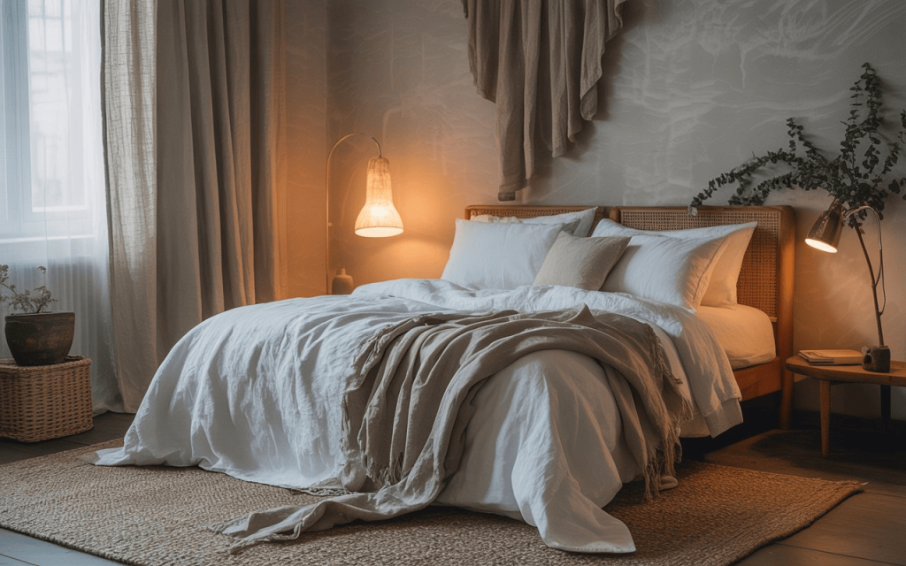 Layered wabi sabi interior design style bedroom with linen sheets and a woven jute rug.