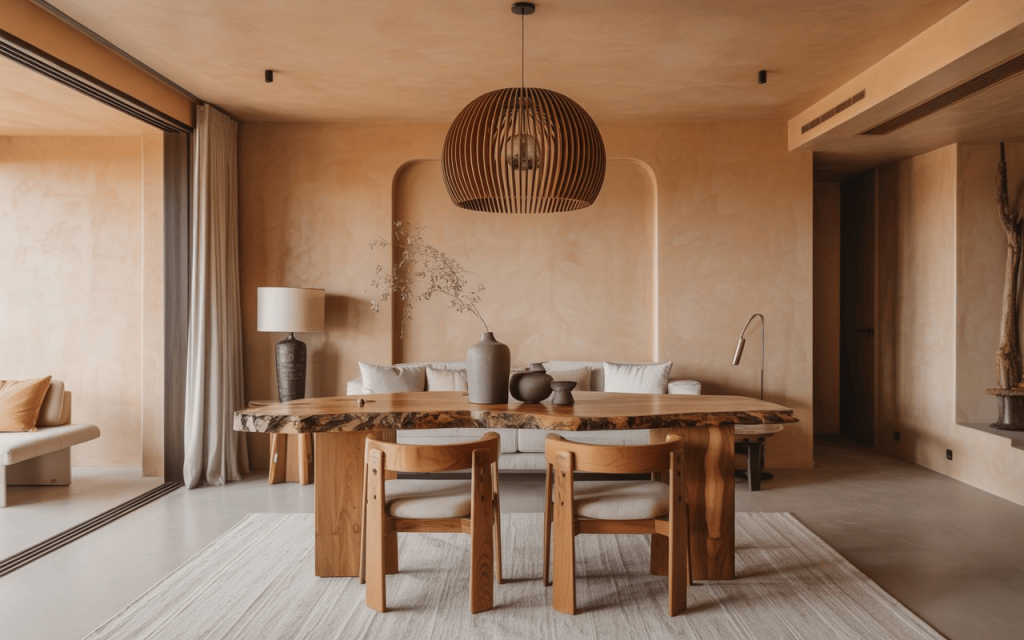 Modern wabi sabi interior design with natural wood furniture and earthy minimalist dining space