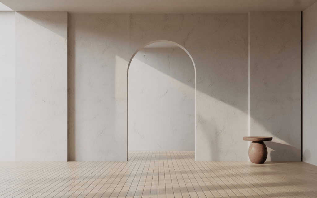 Serene wabi sabi interior design style with textured walls, soft light and minimalist earthy decor